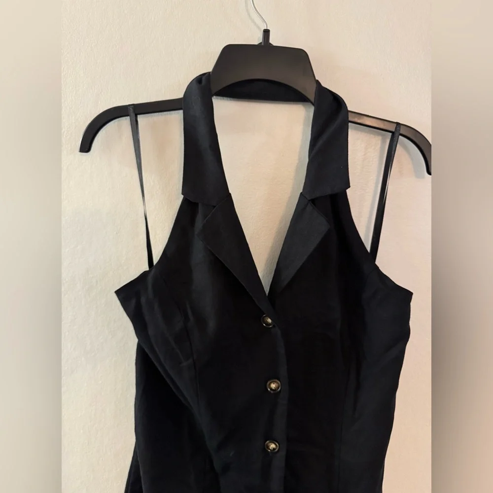 NWT Monteau Los Angeles Black Halter Button Linen Blend Dress - Medium